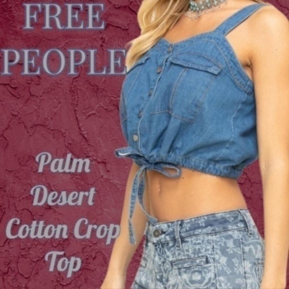 FREE PEOPLE Palm Desert Tie-Waist Button-Front Sleeveless Cotton Denim Crop Top
